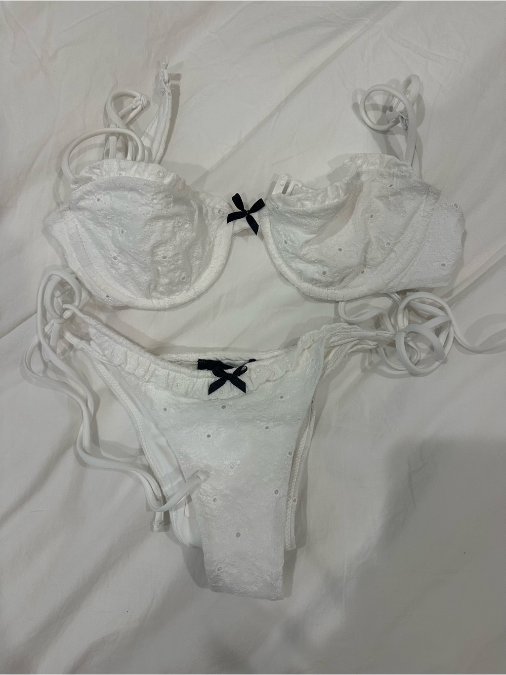 Zara White Eyelet Lace Bikini with Black Bow Accents